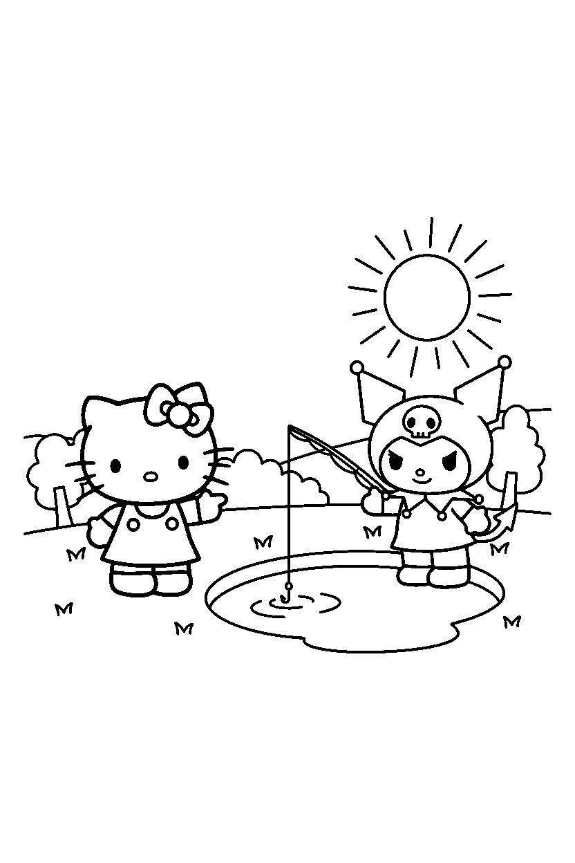 hello kitty kuromi pointing at fishing spot line art