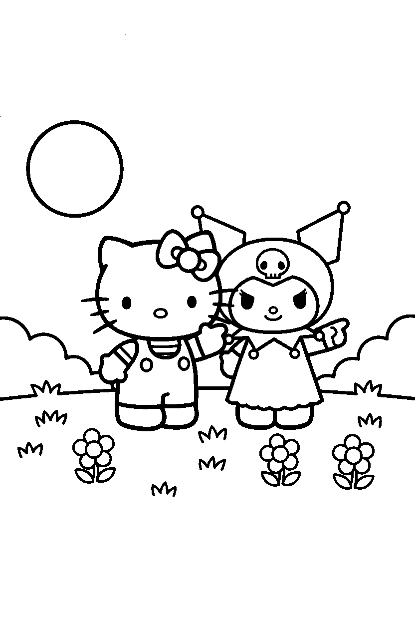 hello kitty kuromi pointing in grassy field line art