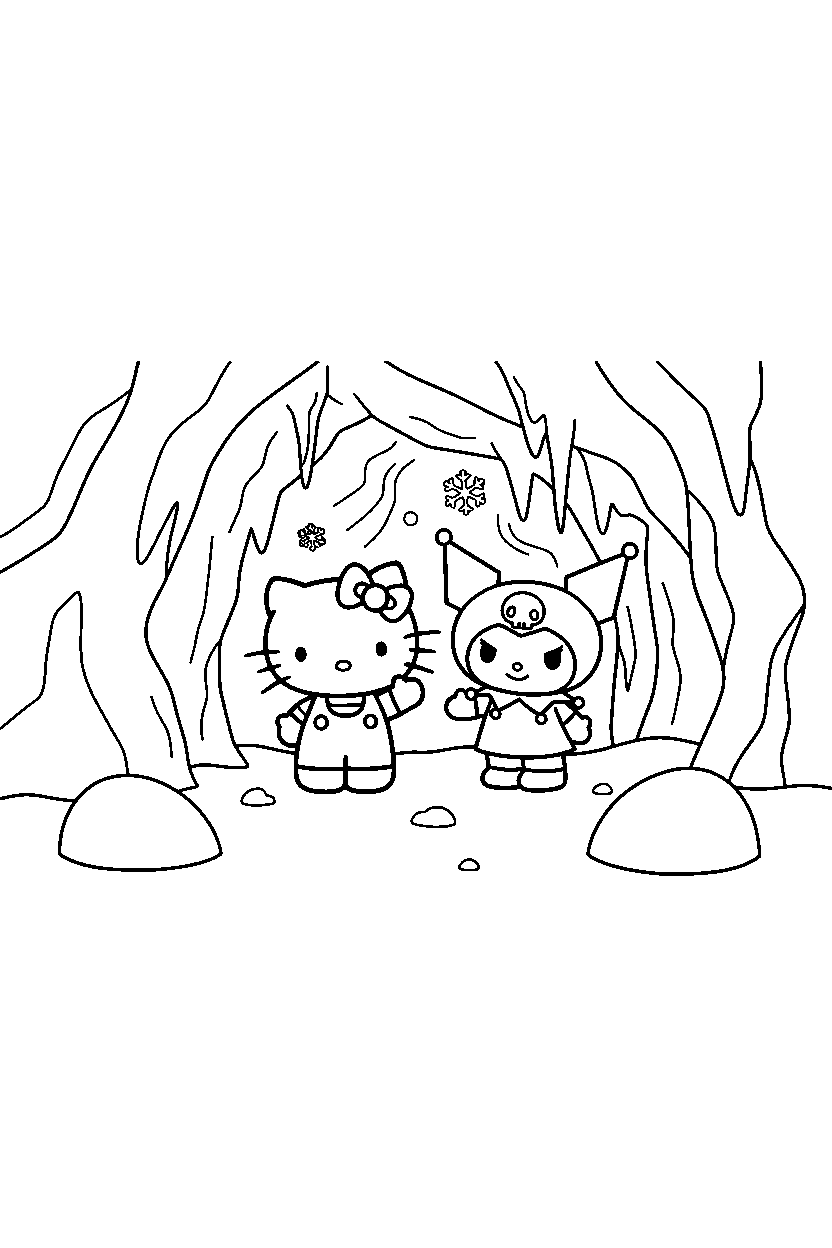 hello kitty kuromi pointing in icy cave line art