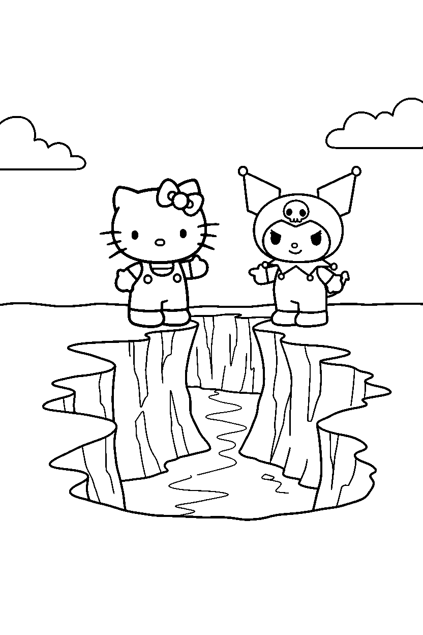 hello kitty kuromi pointing in ravine line art