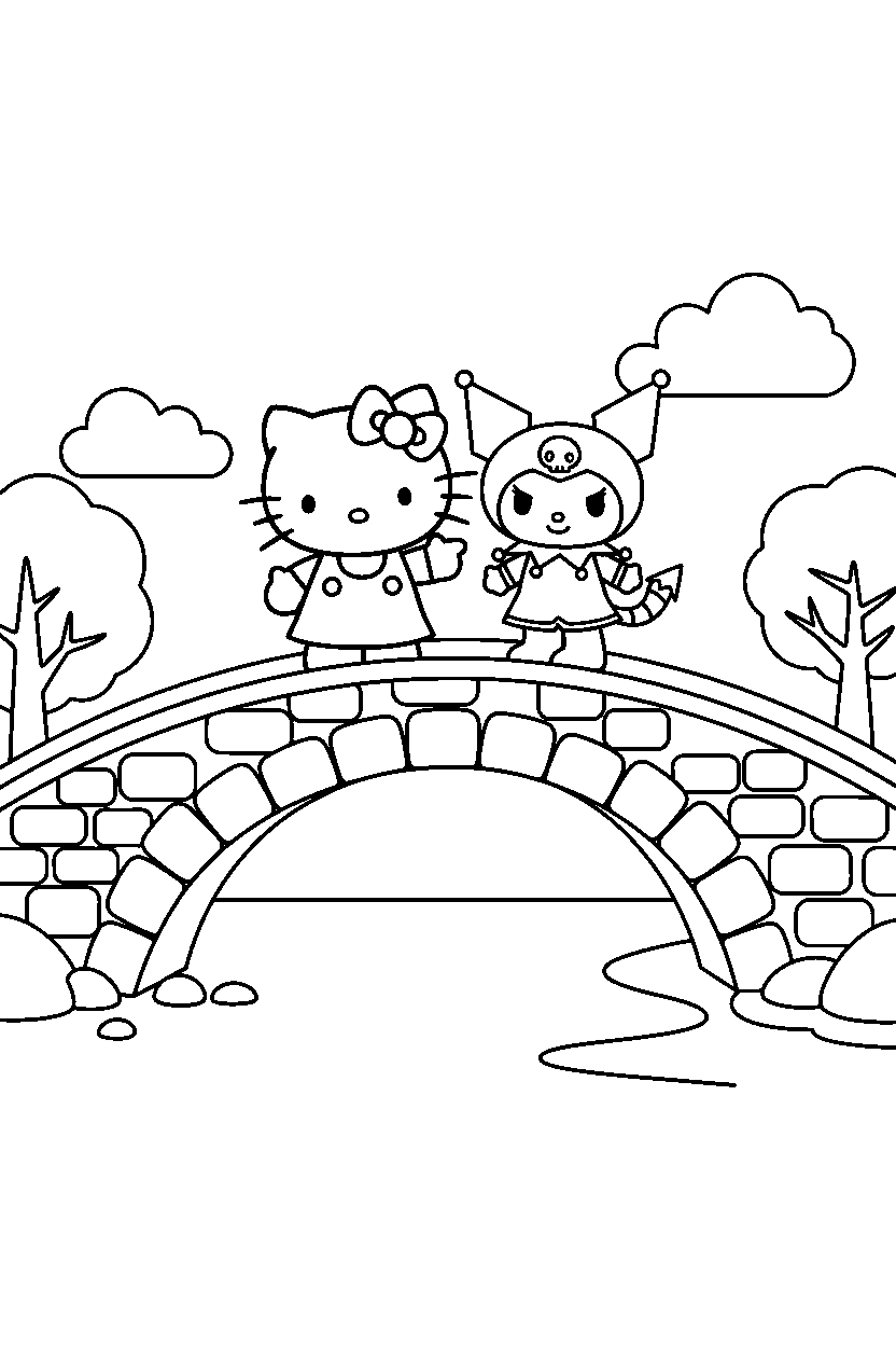 hello kitty kuromi pointing on stone bridge line art