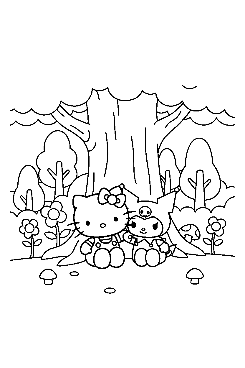 hello kitty kuromi resting in forest line art