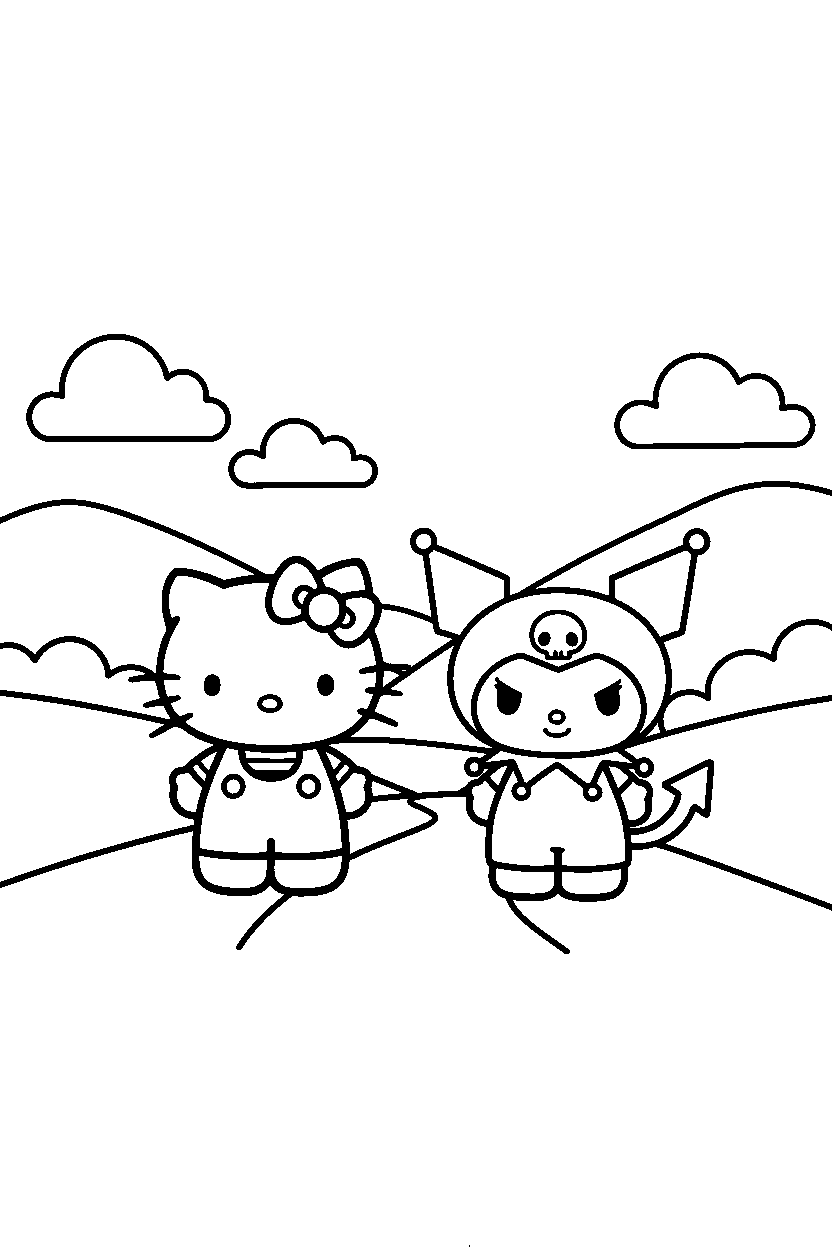 hello kitty kuromi standing calmly in valley line art