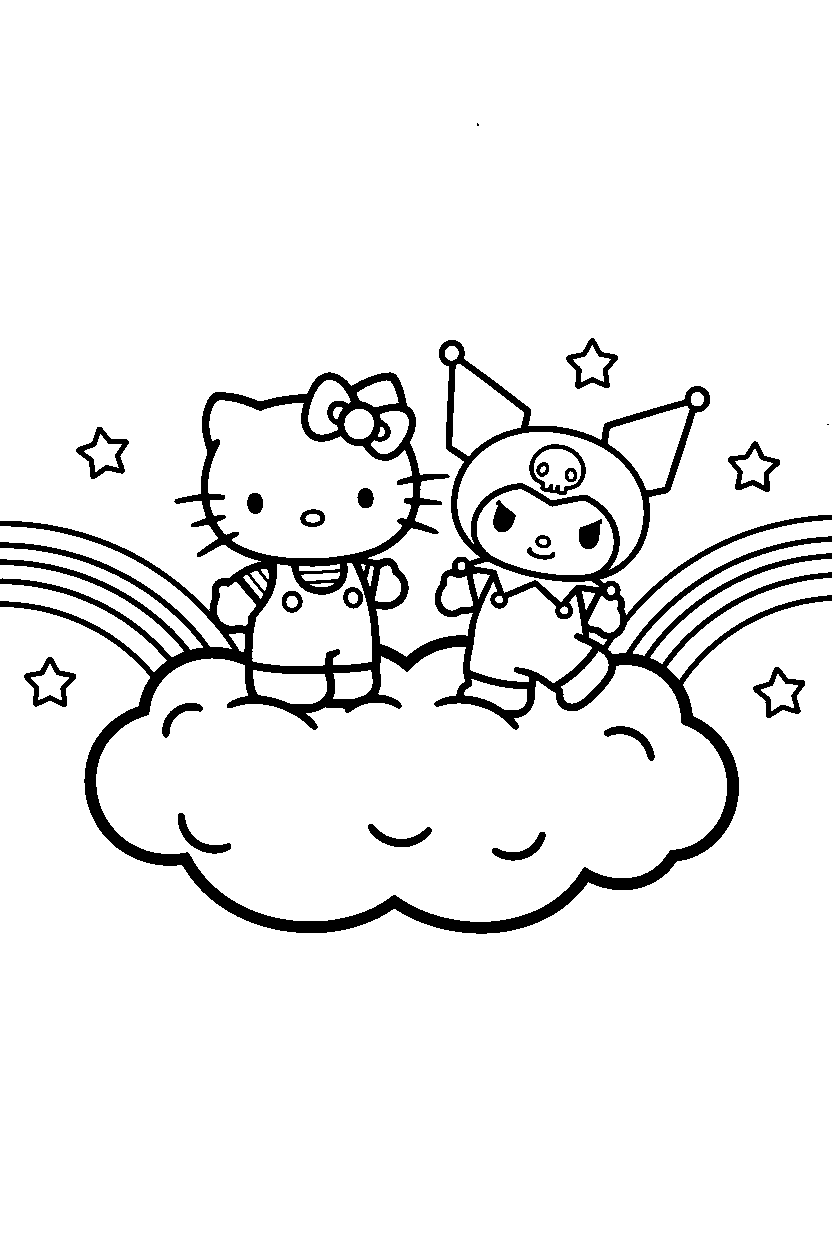 hello kitty kuromi walking on cloud line art
