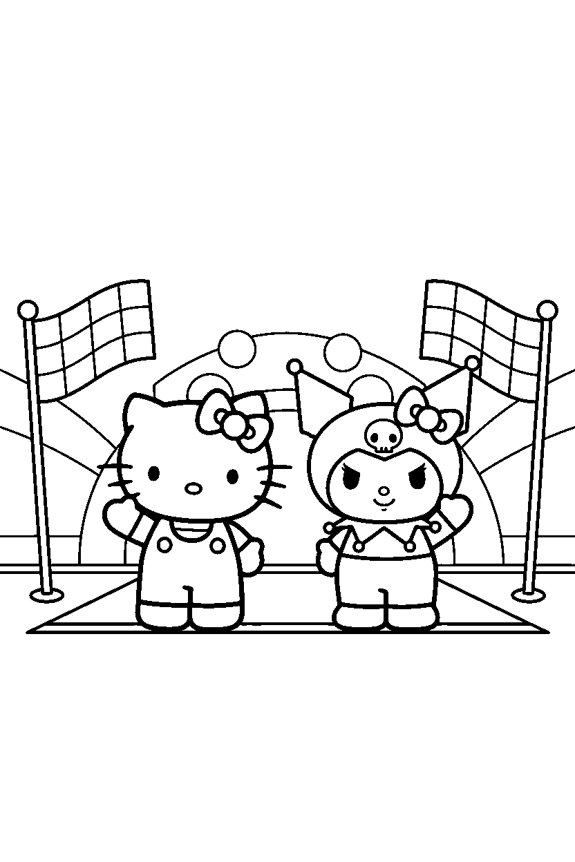 hello kitty kuromi waving in start area line art
