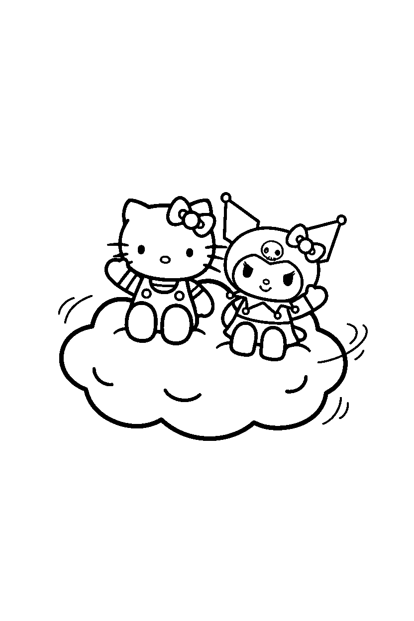 hello kitty kuromi waving on cloud line art