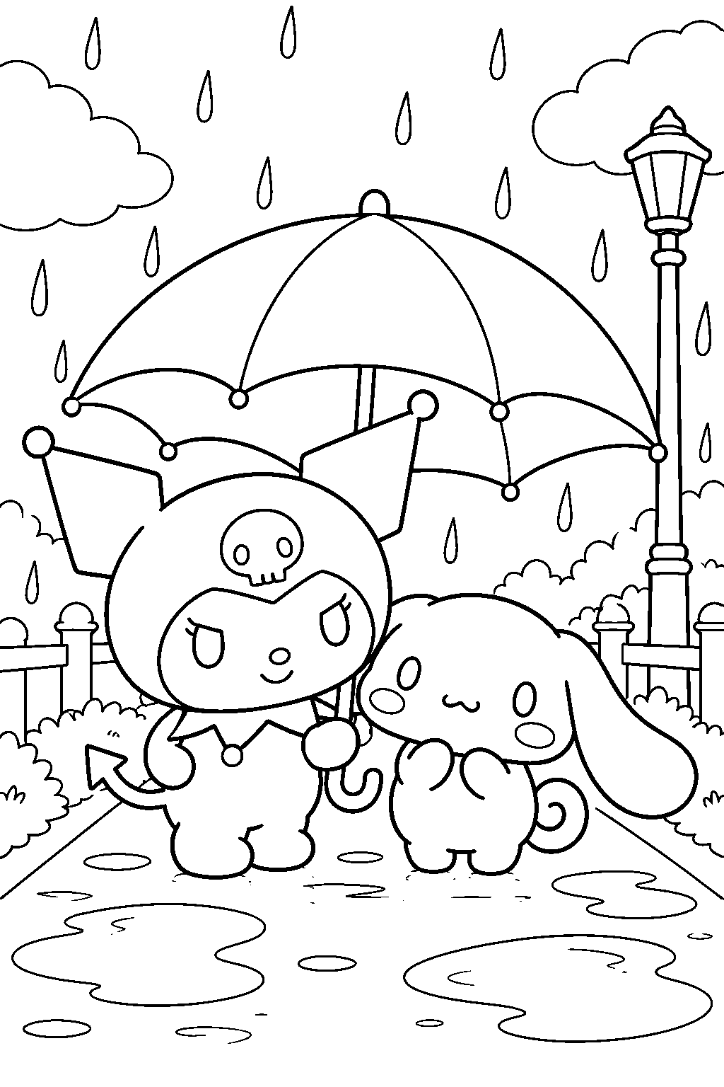 kuromi and cinnamoroll sharing an umbrella on a rainy path line art