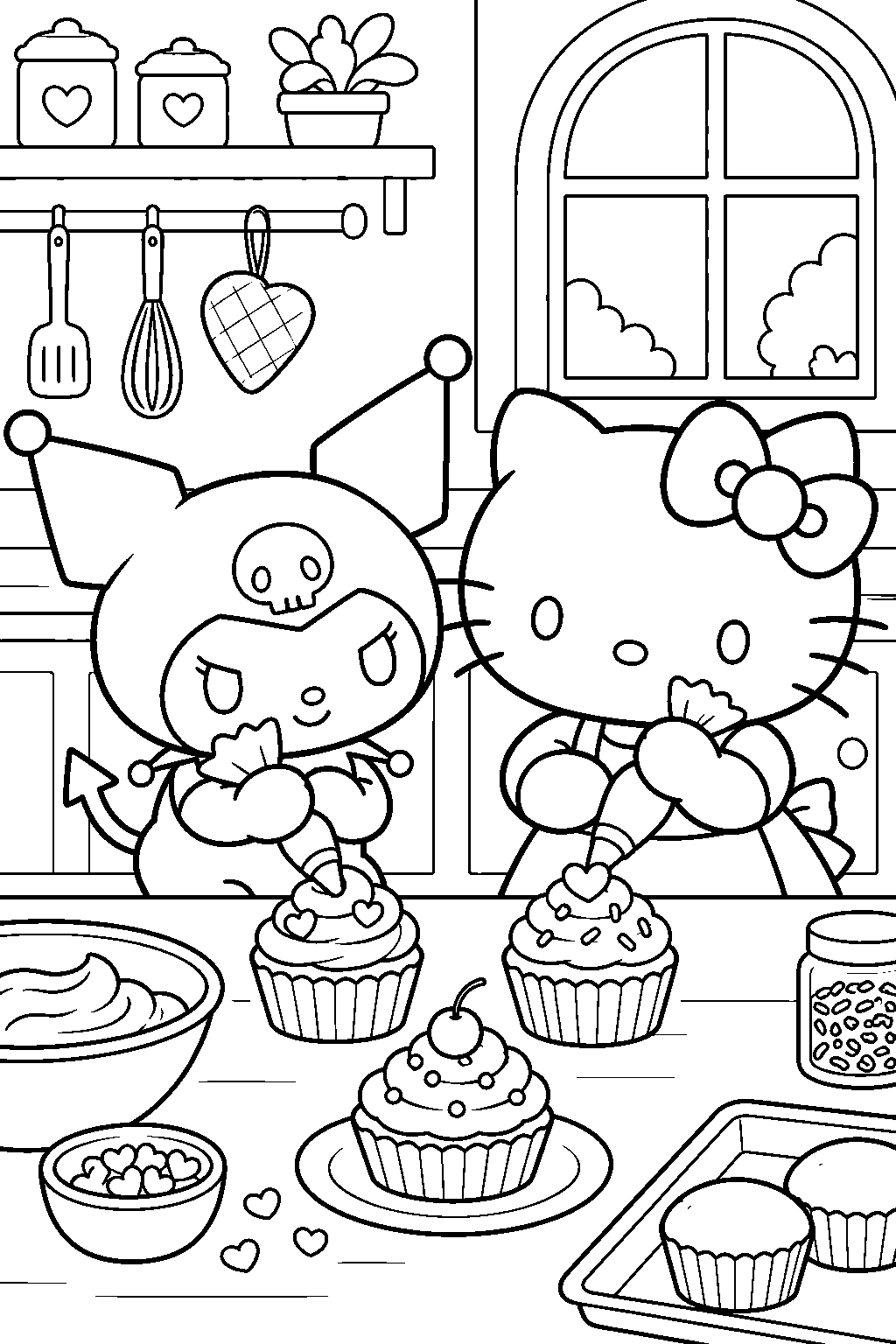 kuromi and hello kitty decorating cupcakes in a kitchen line art