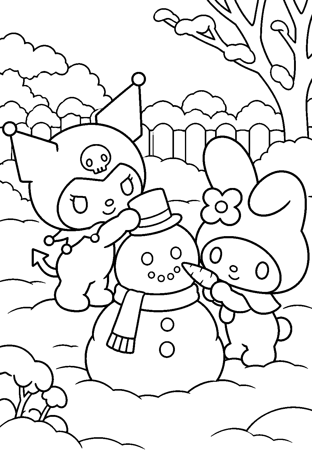 kuromi and my melody building a snowman in a snowy garden line art