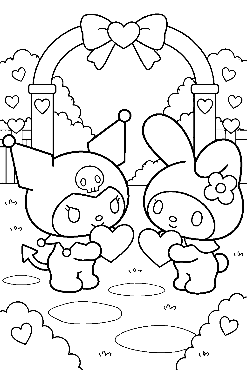 kuromi and my melody exchanging heart shaped valentine cards line art