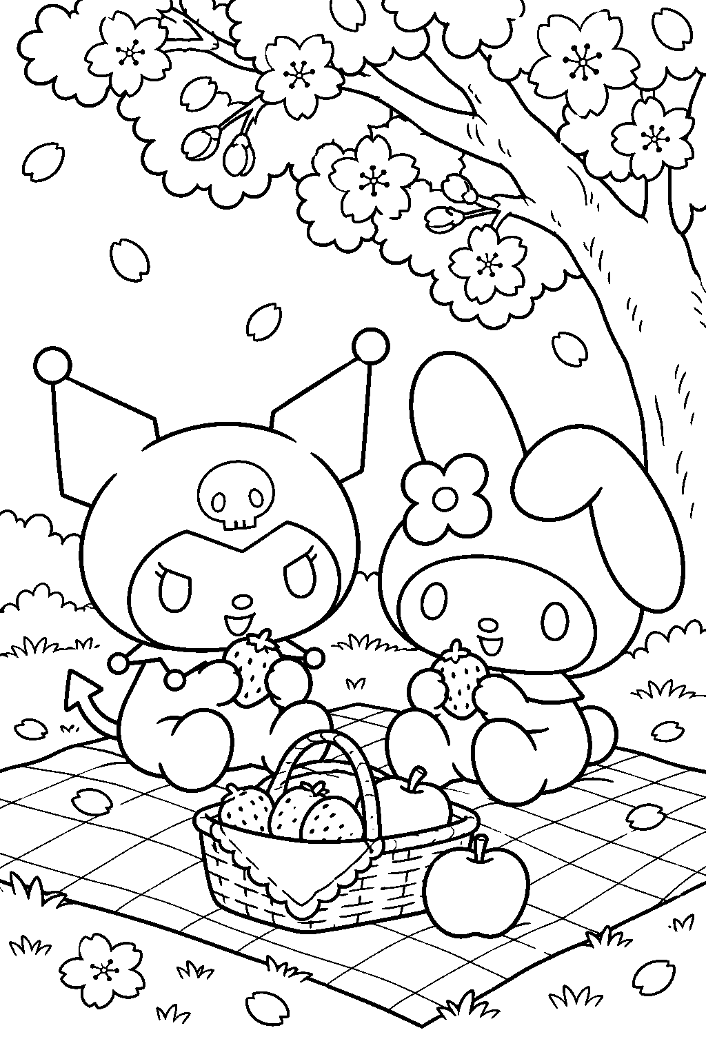 kuromi and my melody having a picnic beneath a cherry blossom tree line art