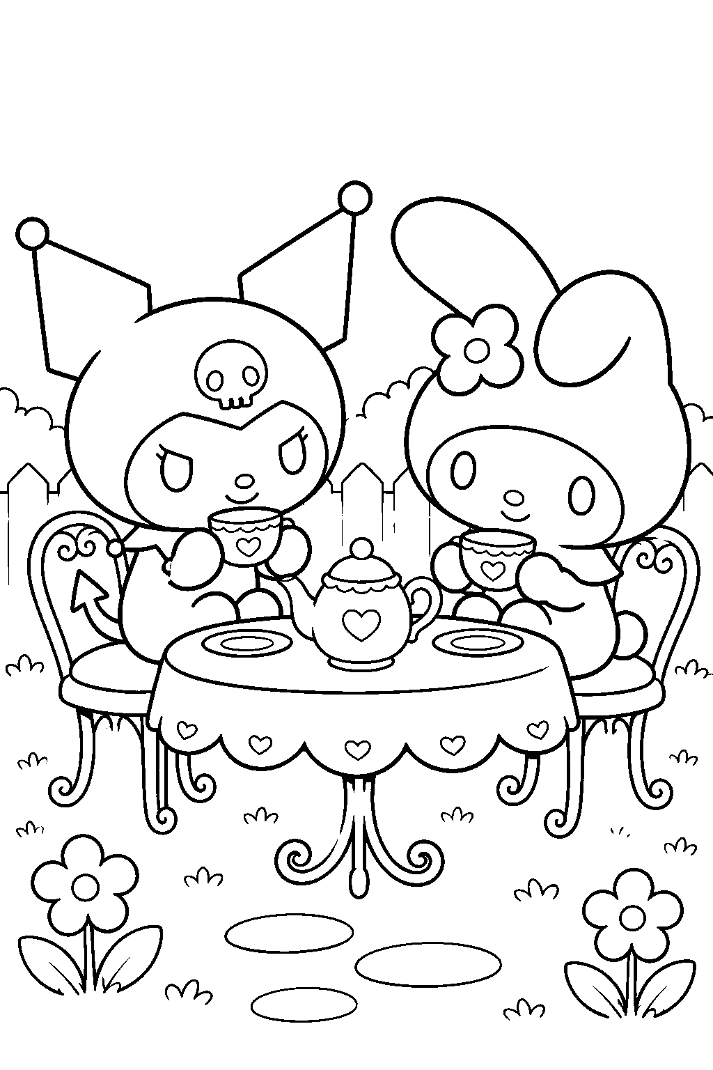 kuromi and my melody having a tea party in a flower garden line art