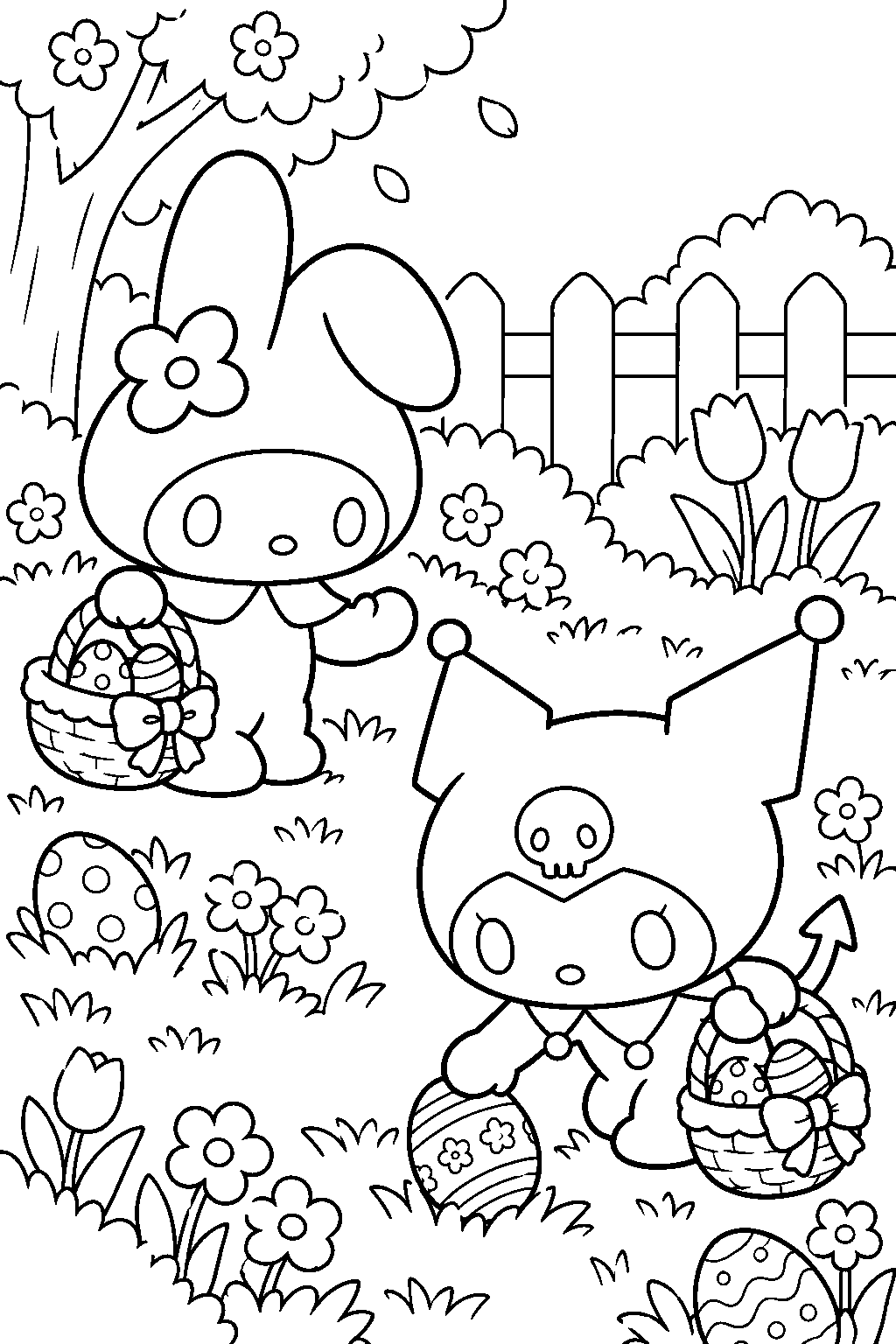 kuromi and my melody hunting for easter eggs in a spring garden line art