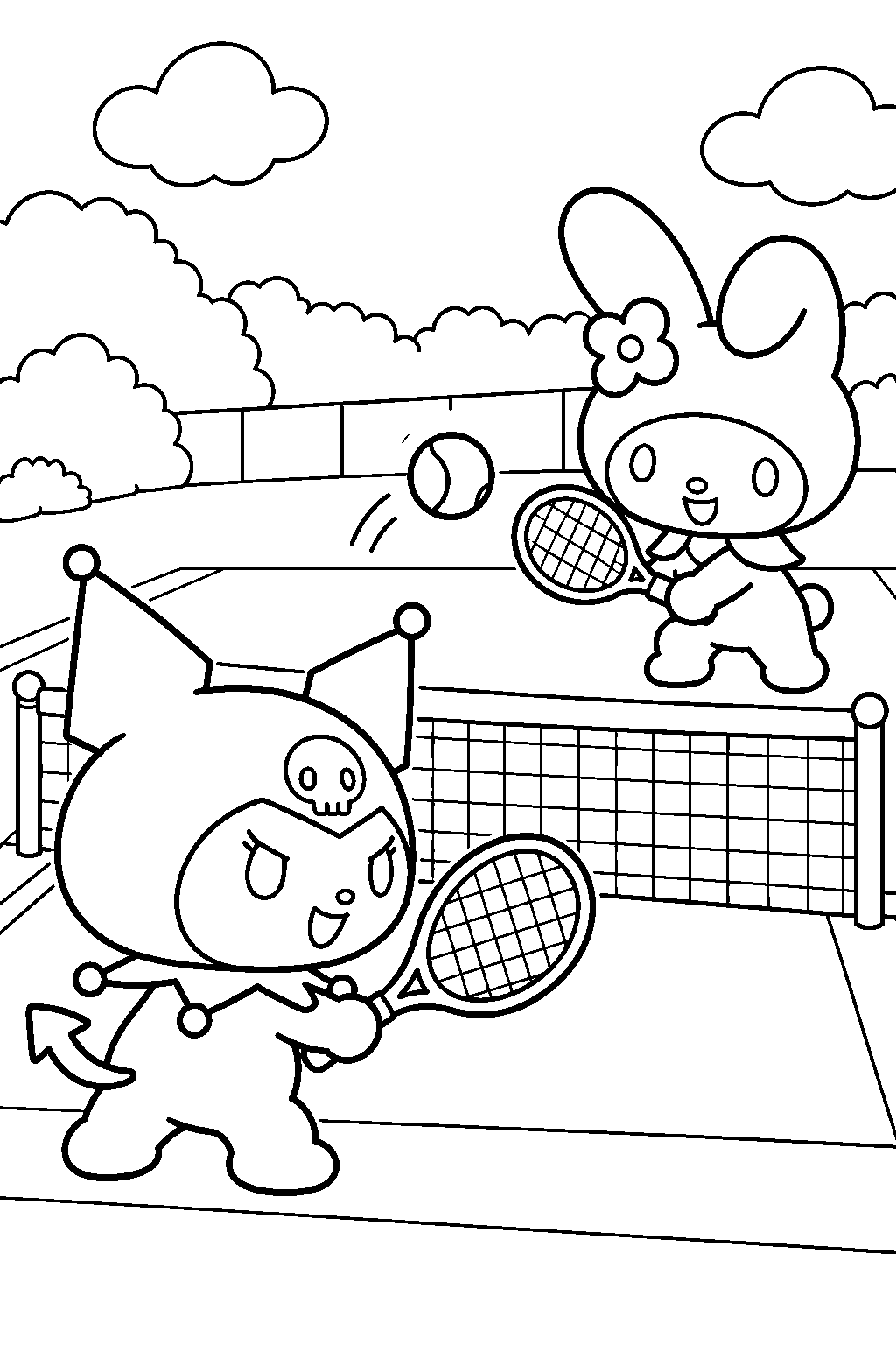 kuromi and my melody playing tennis across a net line art
