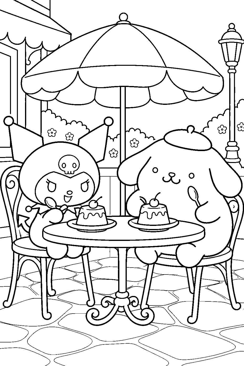 kuromi and pompompurin enjoying pudding at an outdoor cafe line art