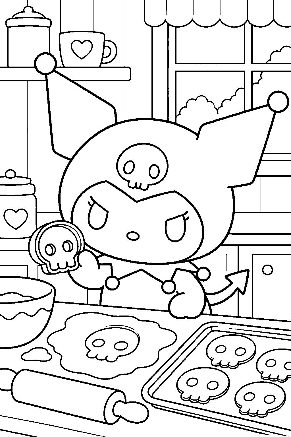 kuromi baking skull shaped cookies at a kitchen counter line art
