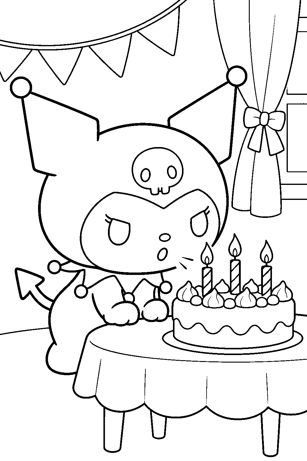 kuromi blowing out candles on a birthday cake line art