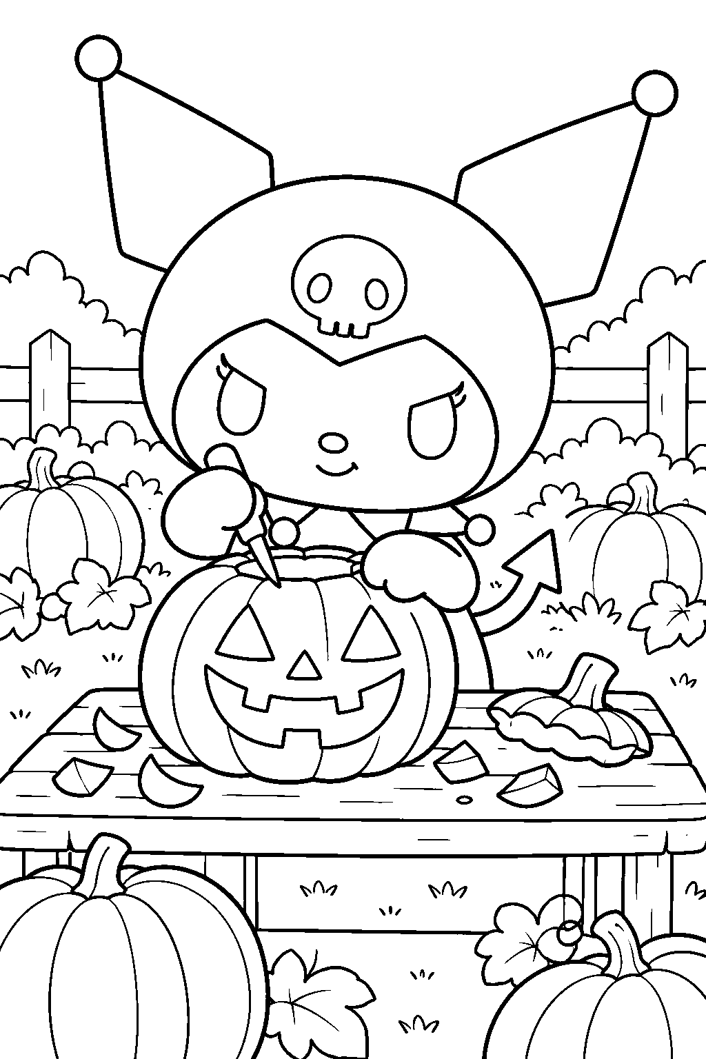 kuromi carving a jack o lantern at a pumpkin patch line art