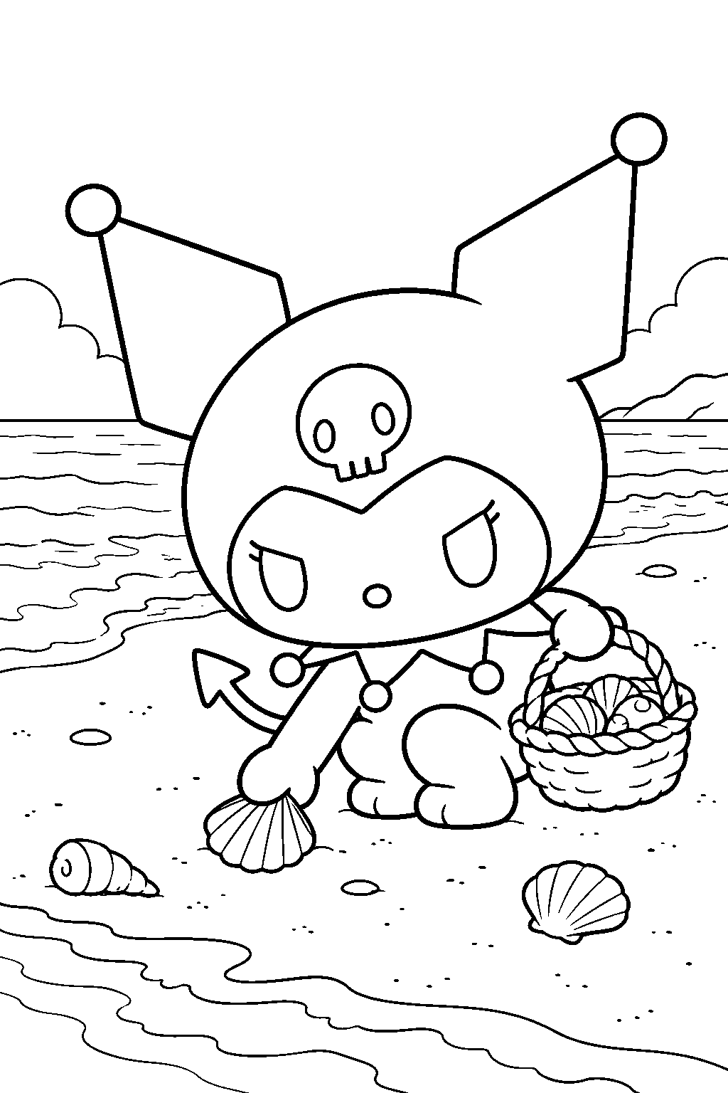 kuromi collecting seashells beside gentle ocean waves line art