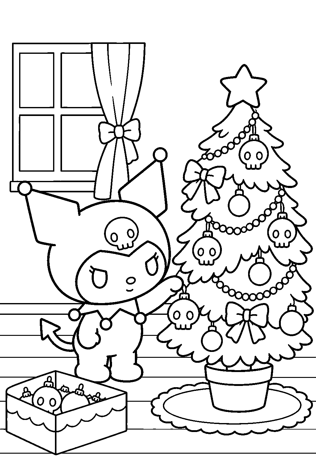 kuromi decorating a christmas tree with skull shaped ornaments line art