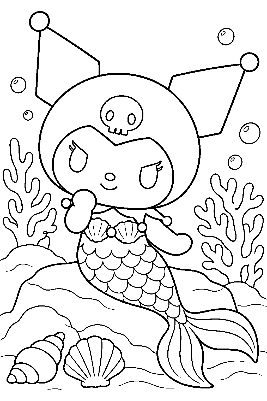 kuromi dressed as a mermaid beside a coral reef line art