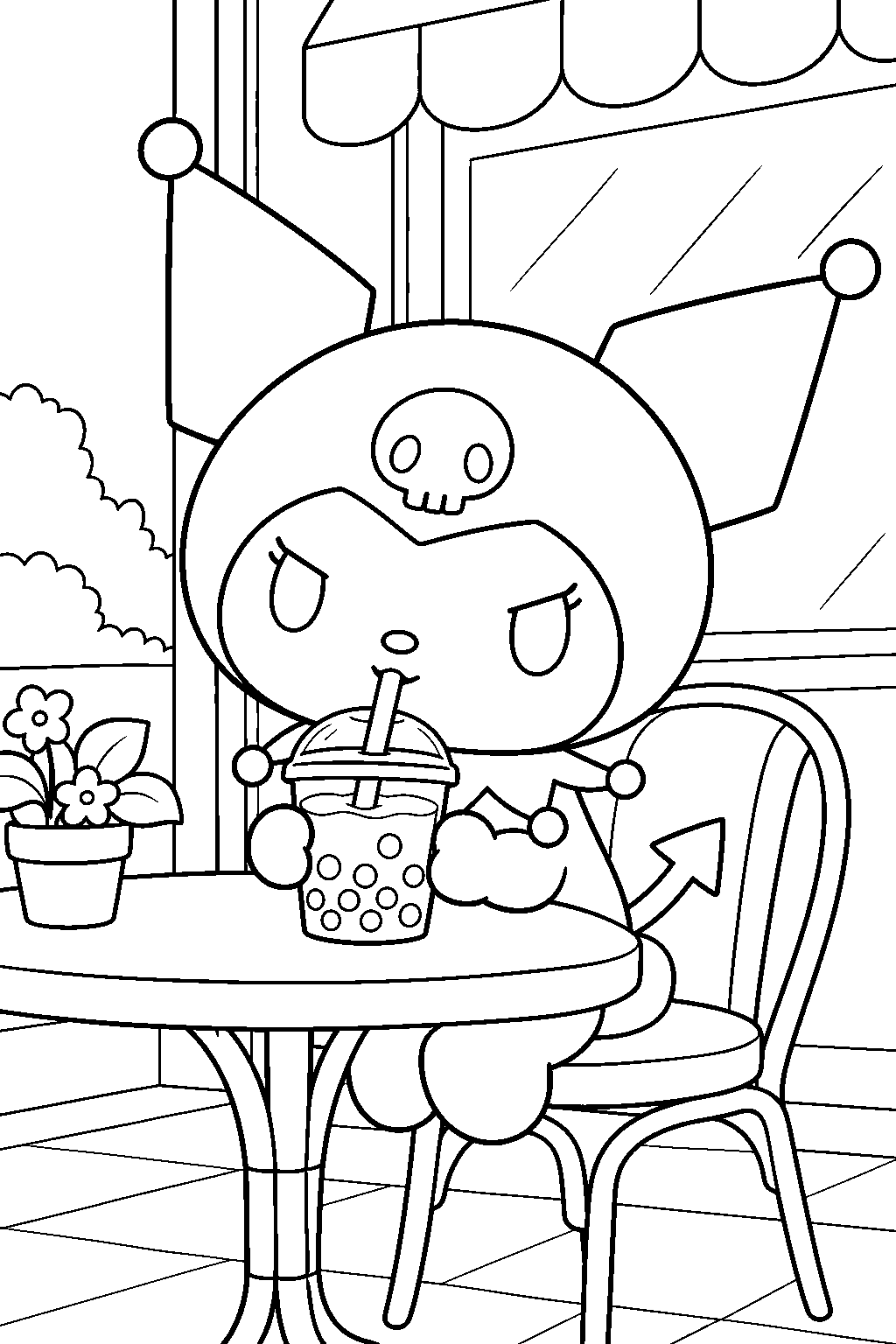 kuromi drinking boba tea at a cafe table line art