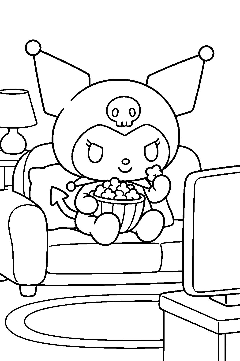 kuromi eating popcorn while watching a movie line art
