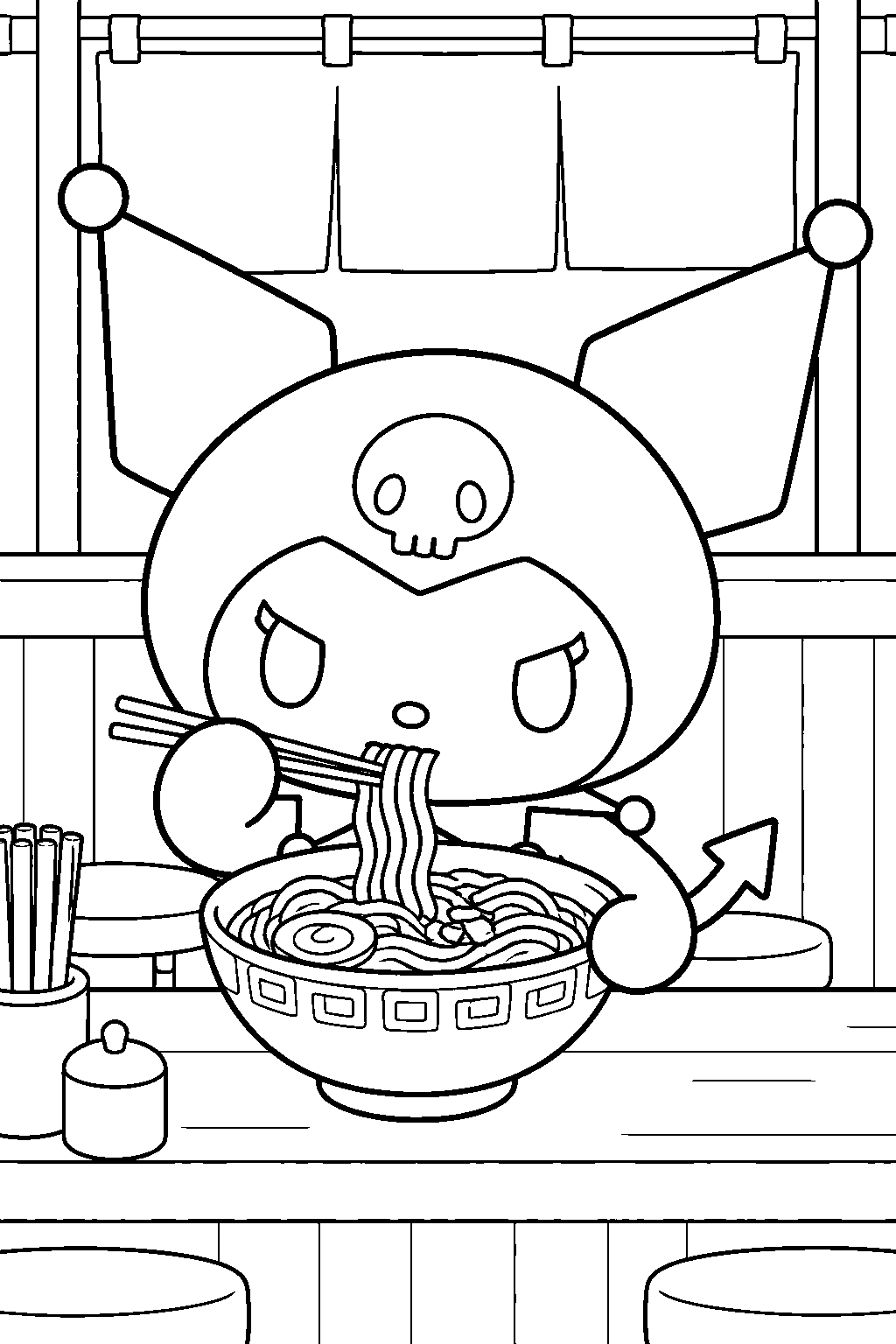 kuromi eating ramen at a noodle shop counter line art