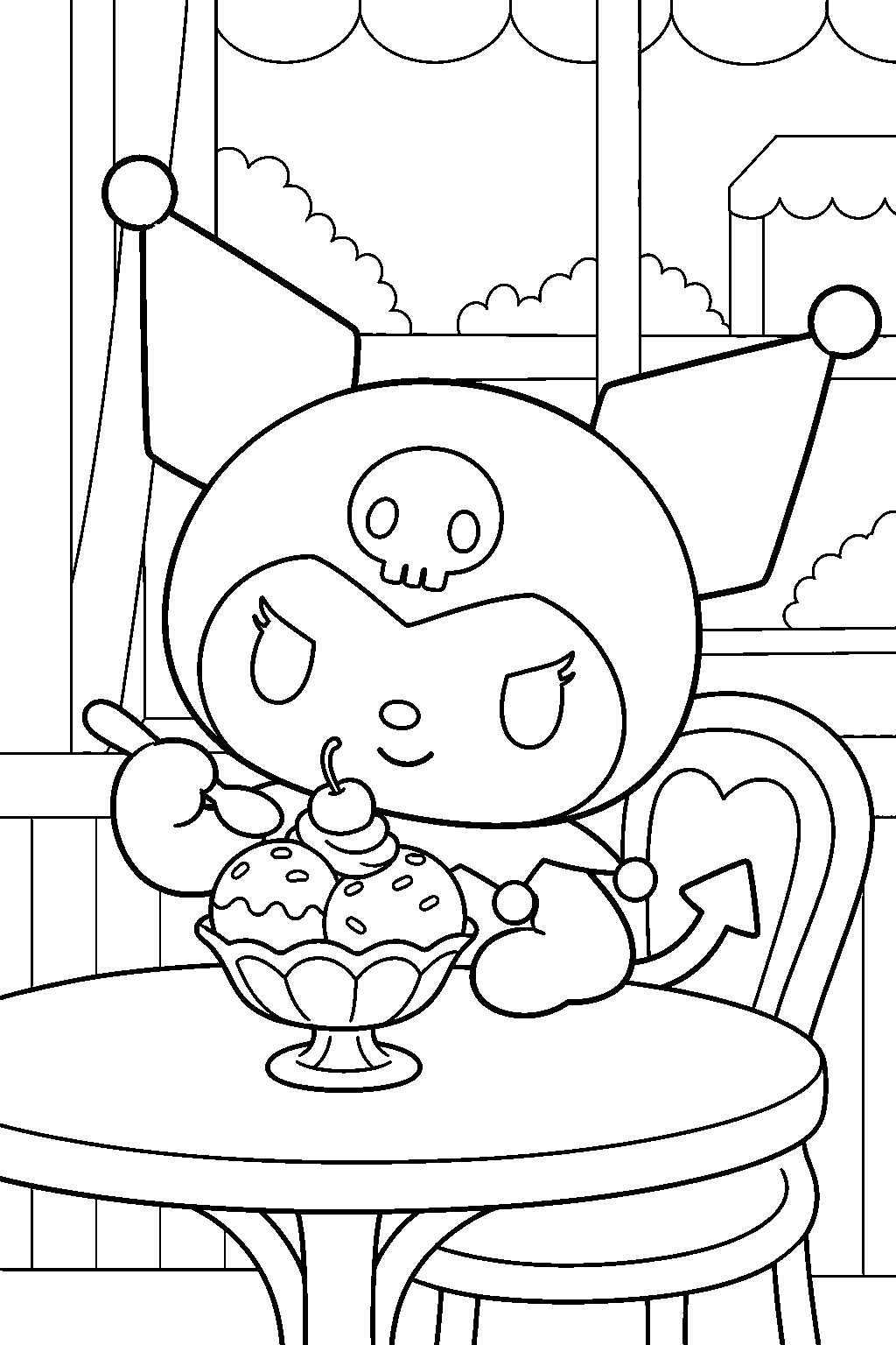 kuromi enjoying an ice cream sundae beside a cafe window line art