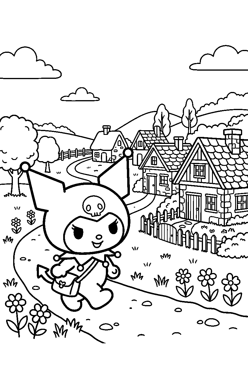 kuromi exploring in countryside village line art
