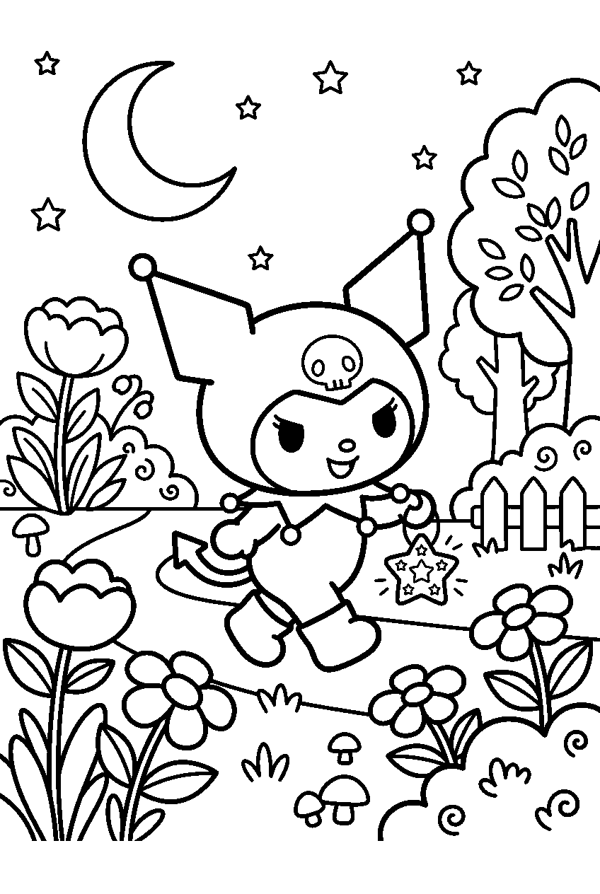 kuromi exploring in moonlit garden line art