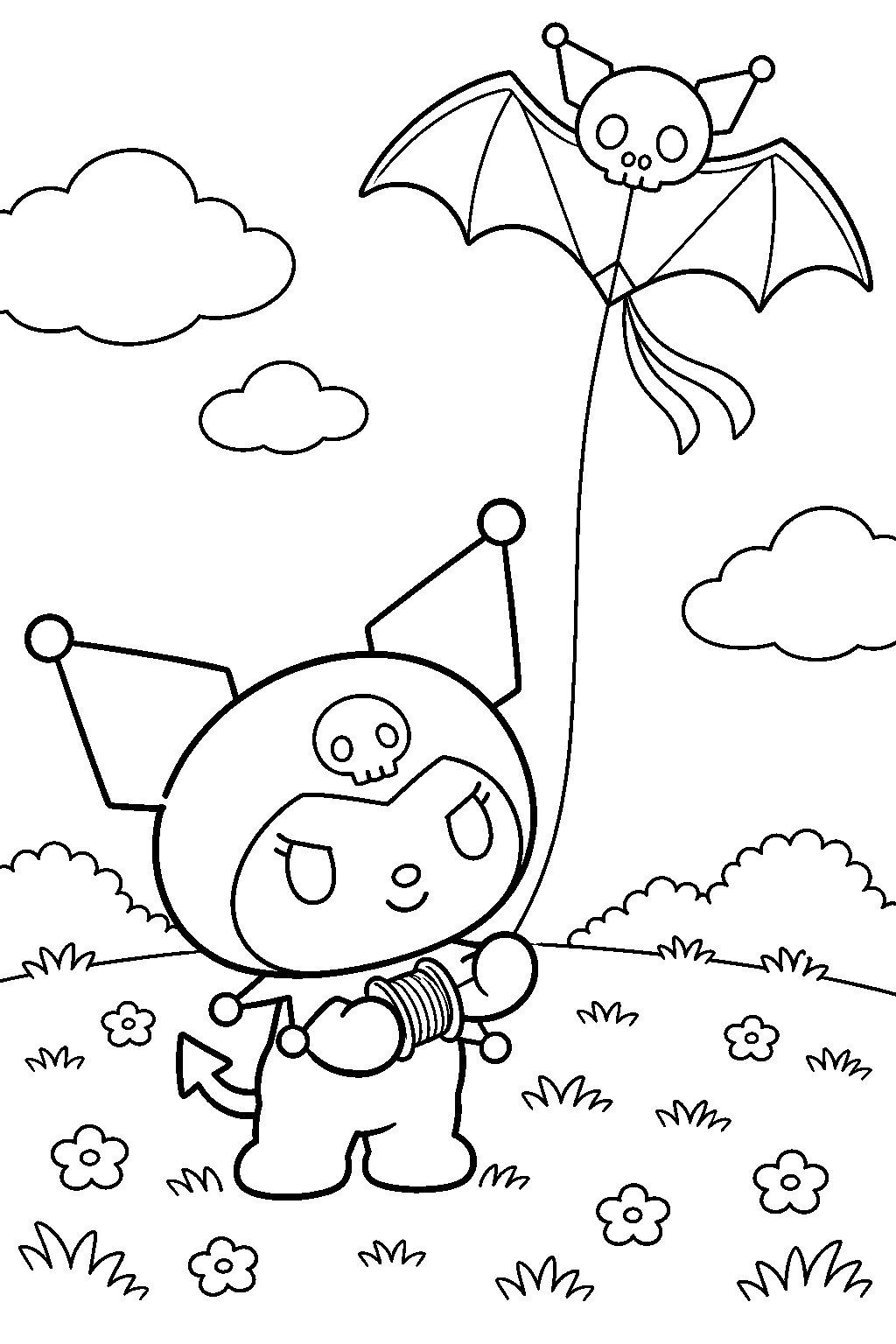 kuromi flying a bat shaped kite in a meadow line art