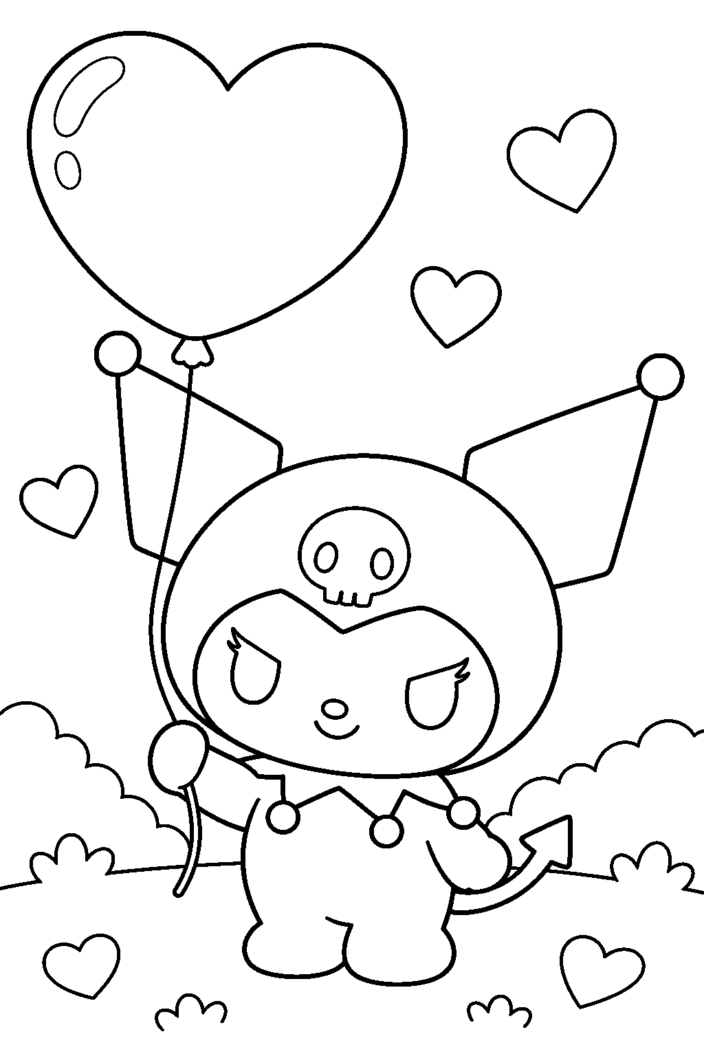 kuromi holding a heart shaped balloon on valentine s day line art