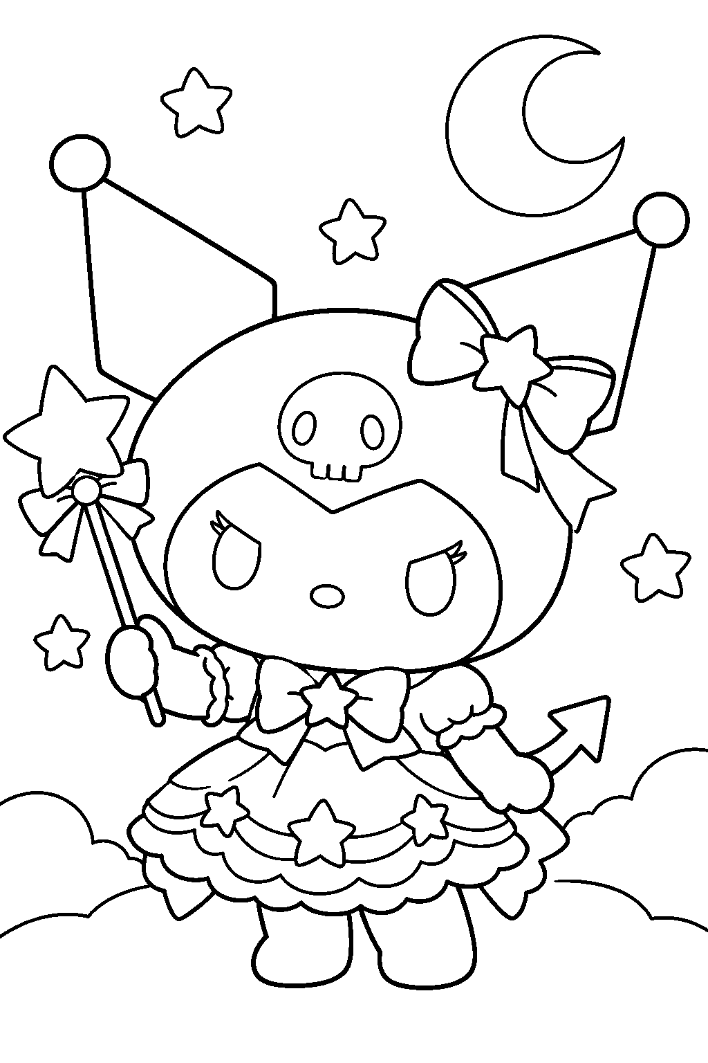 kuromi in a magical girl outfit holding a star tipped wand line art