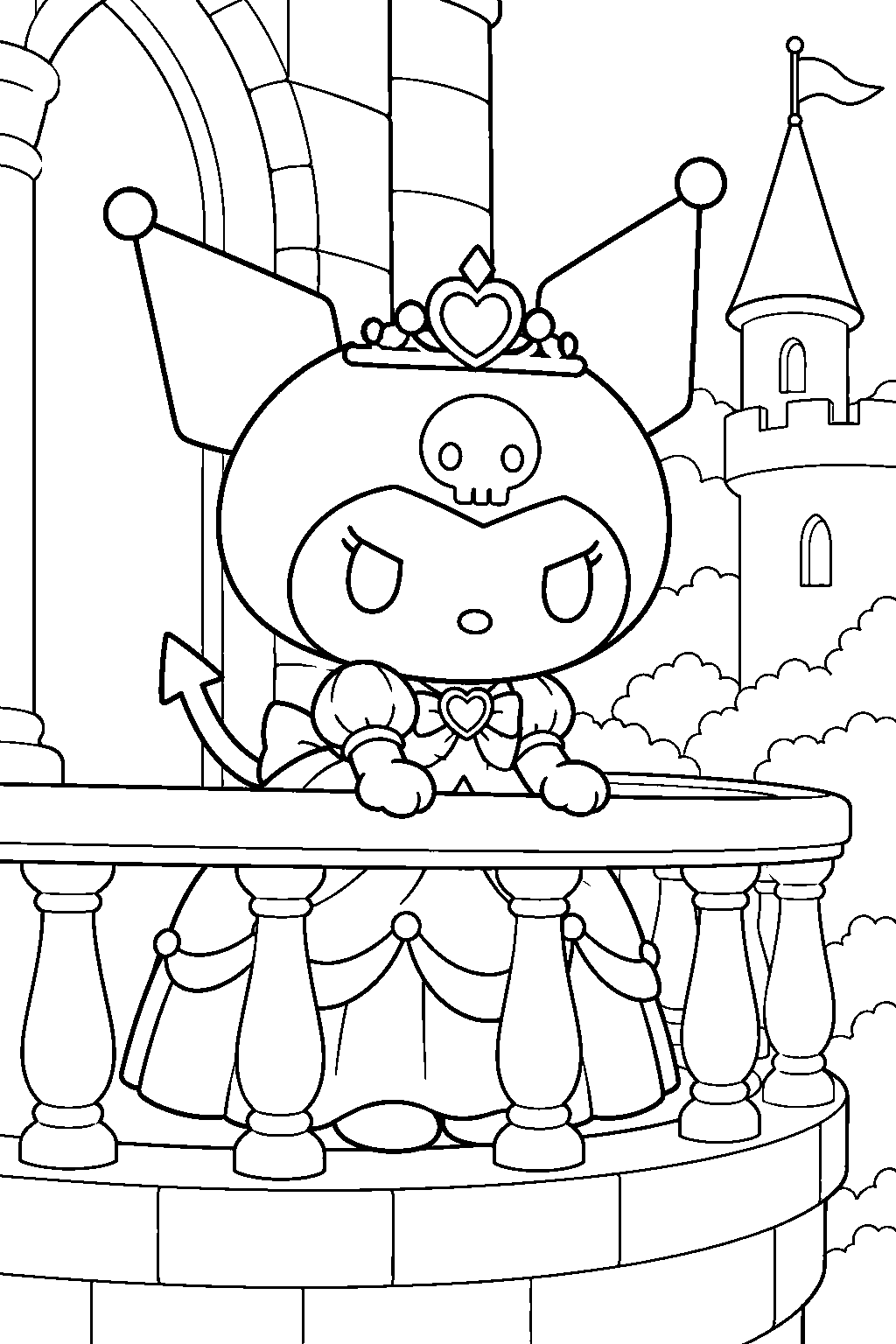 kuromi in a princess gown on a castle balcony line art
