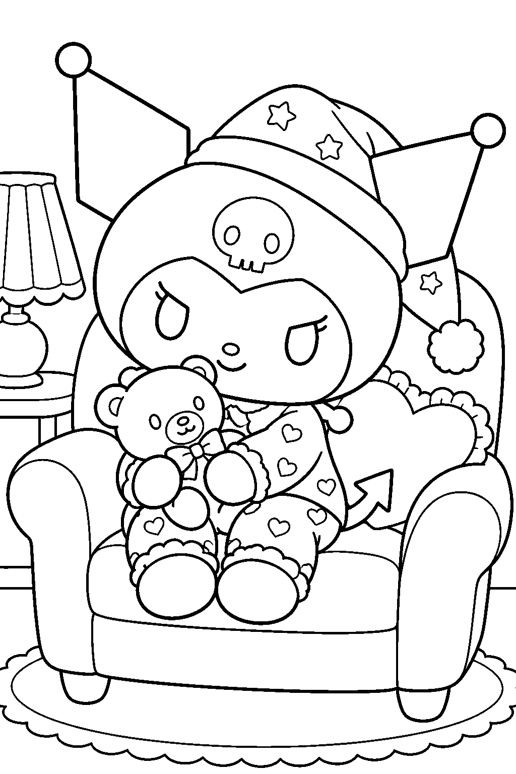 kuromi in pajamas cuddling a teddy bear on an armchair line art