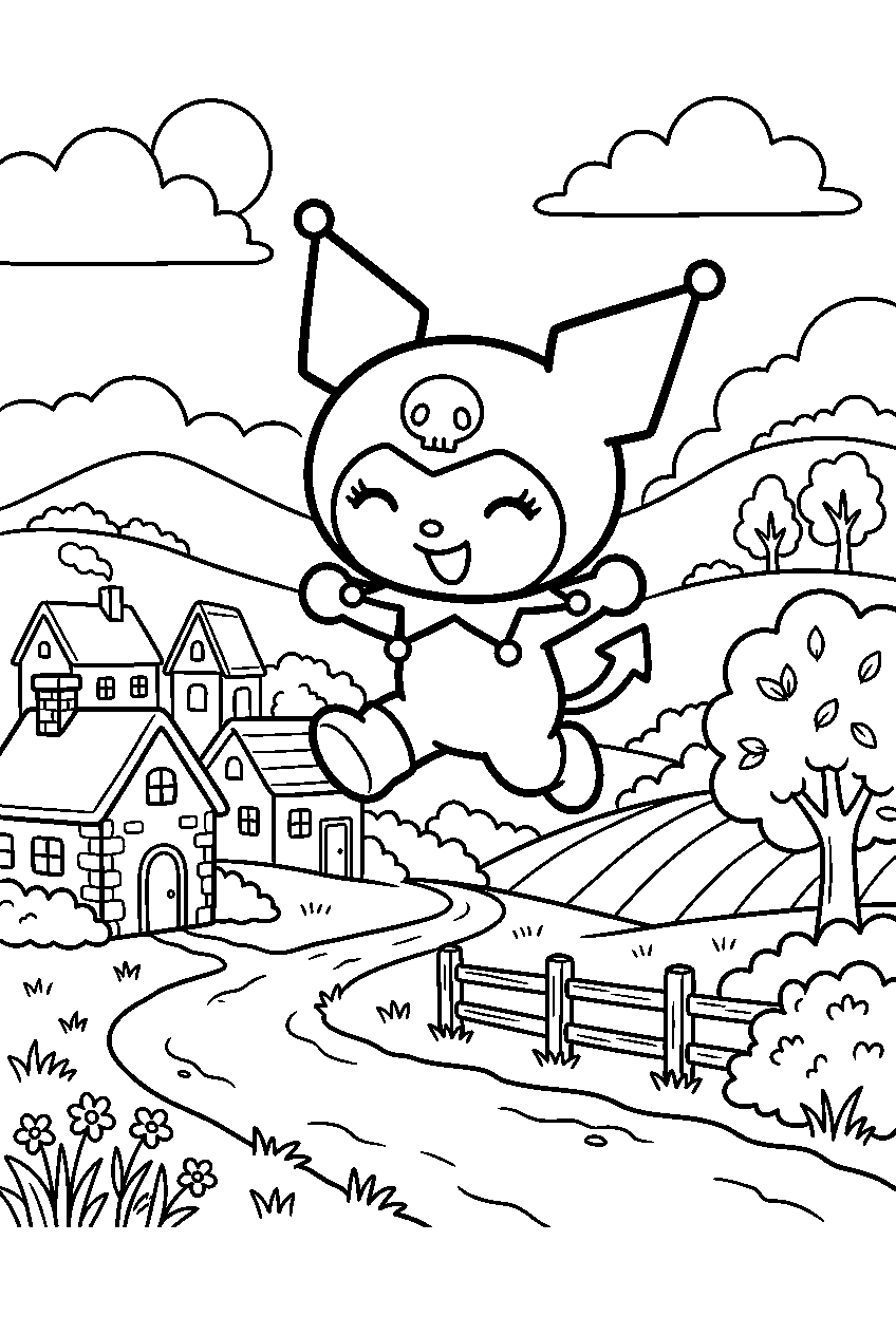 kuromi jumping in countryside village line art