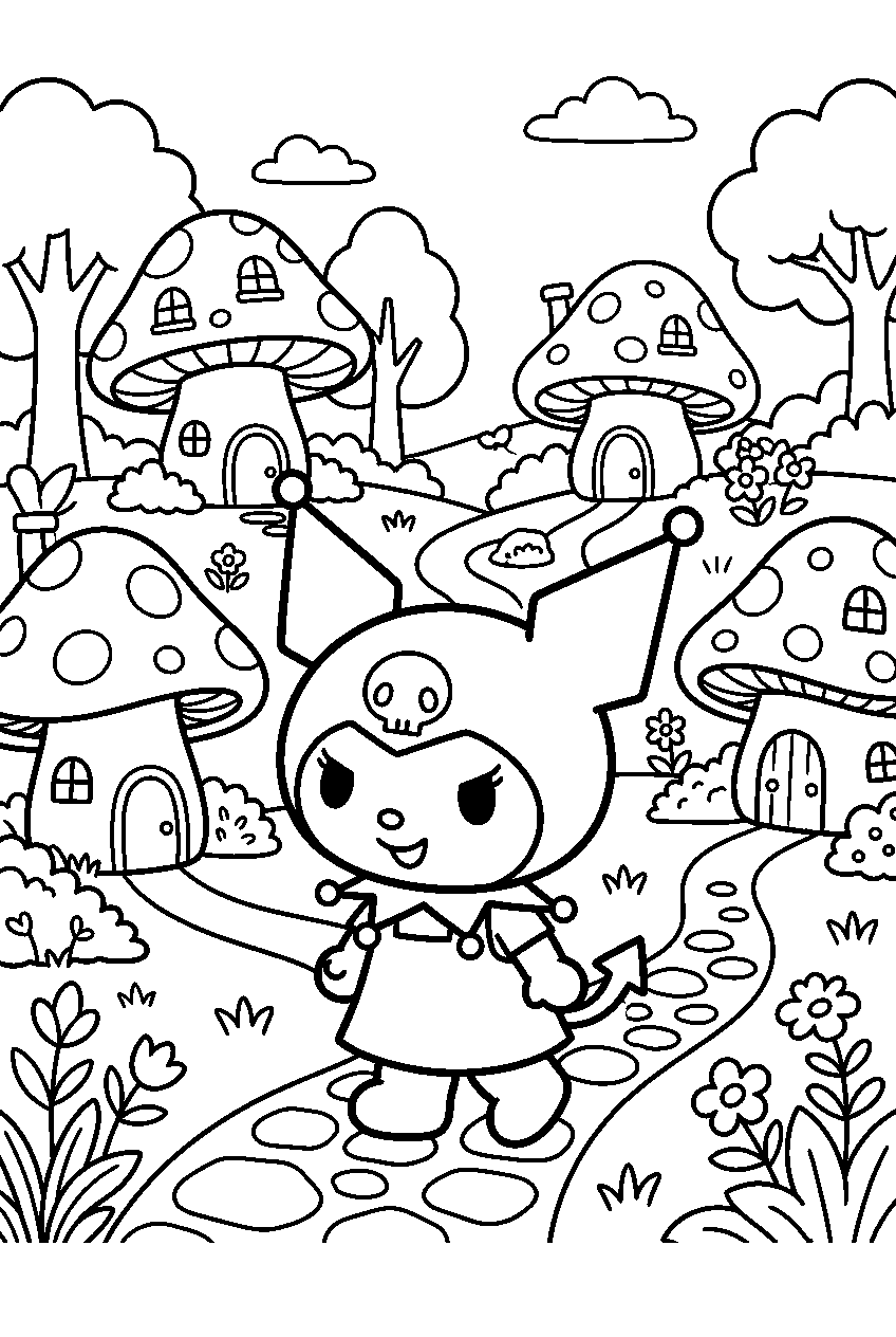 kuromi looking around in mushroom village line art