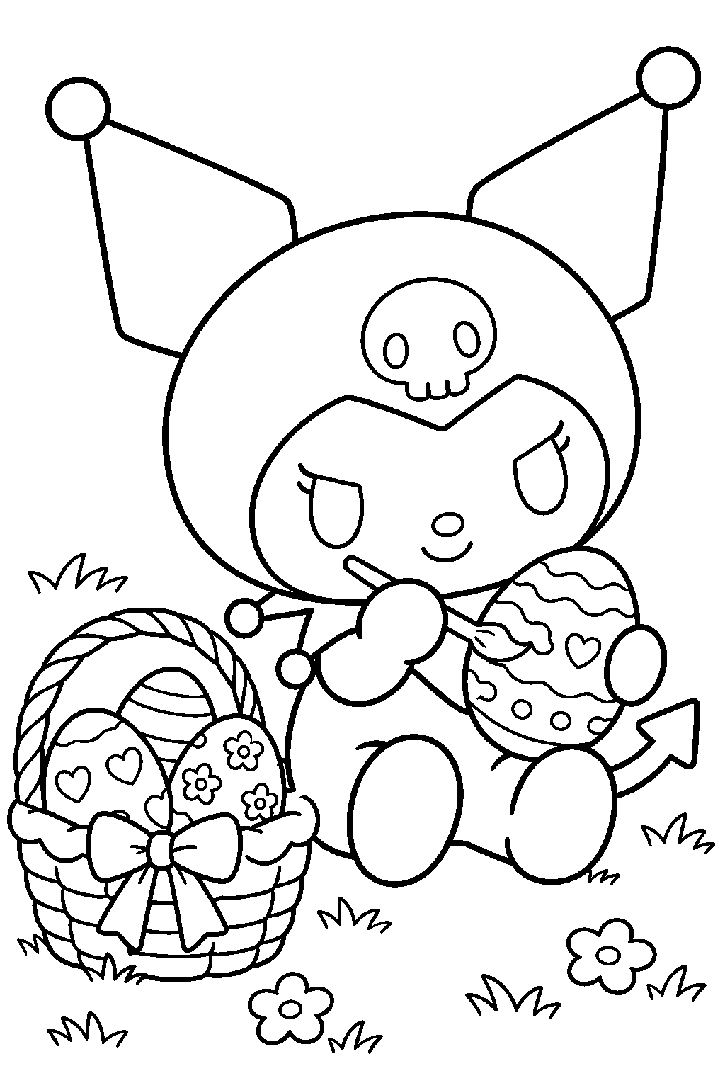 kuromi painting an easter egg beside a basket of eggs line art