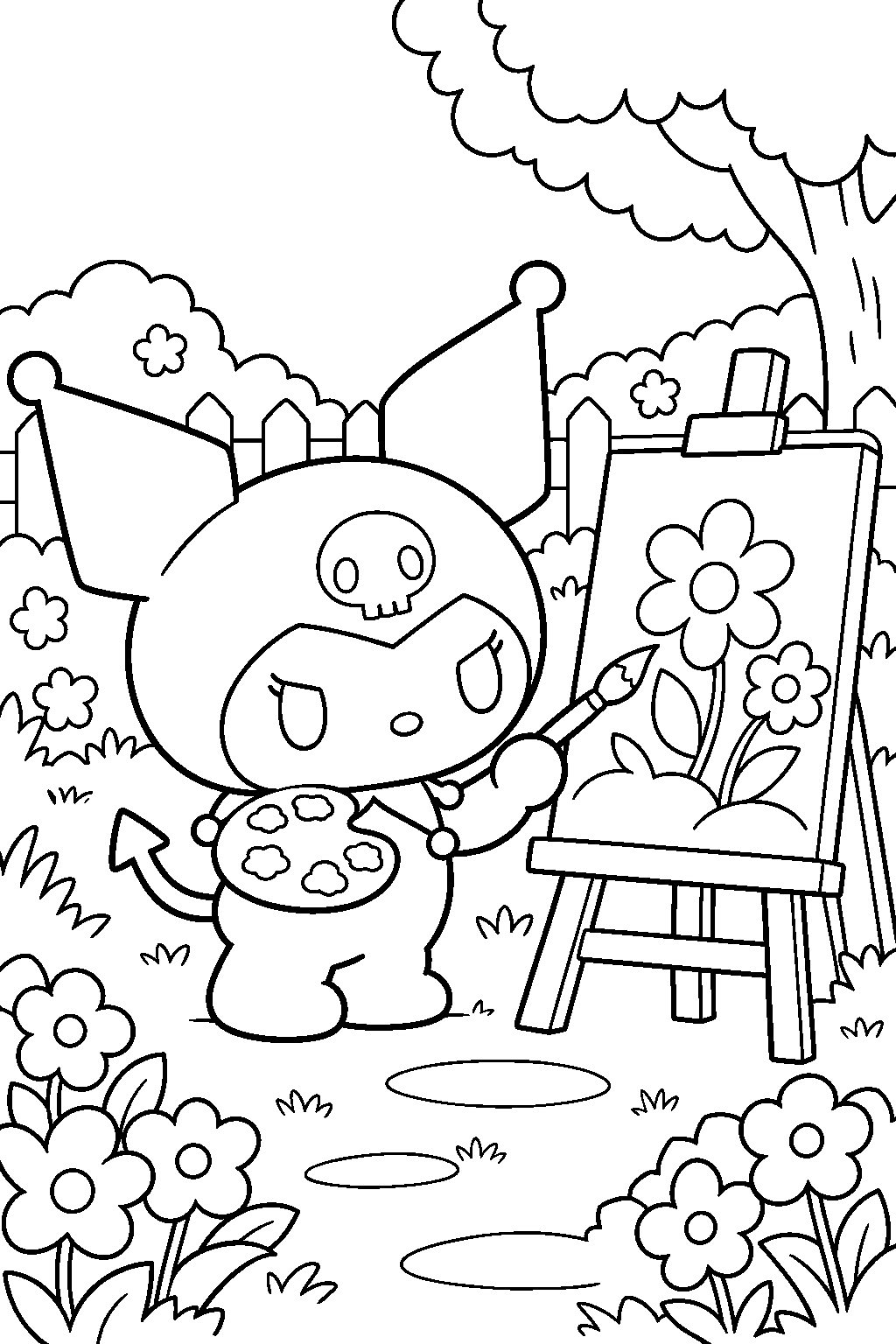 kuromi painting flowers on an easel in a garden line art