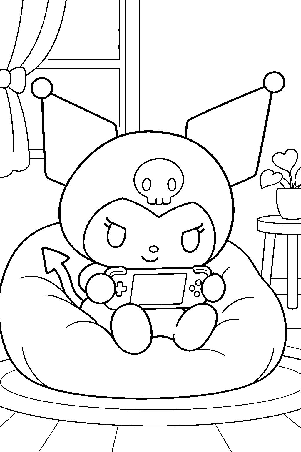 kuromi playing a handheld video game on a beanbag line art
