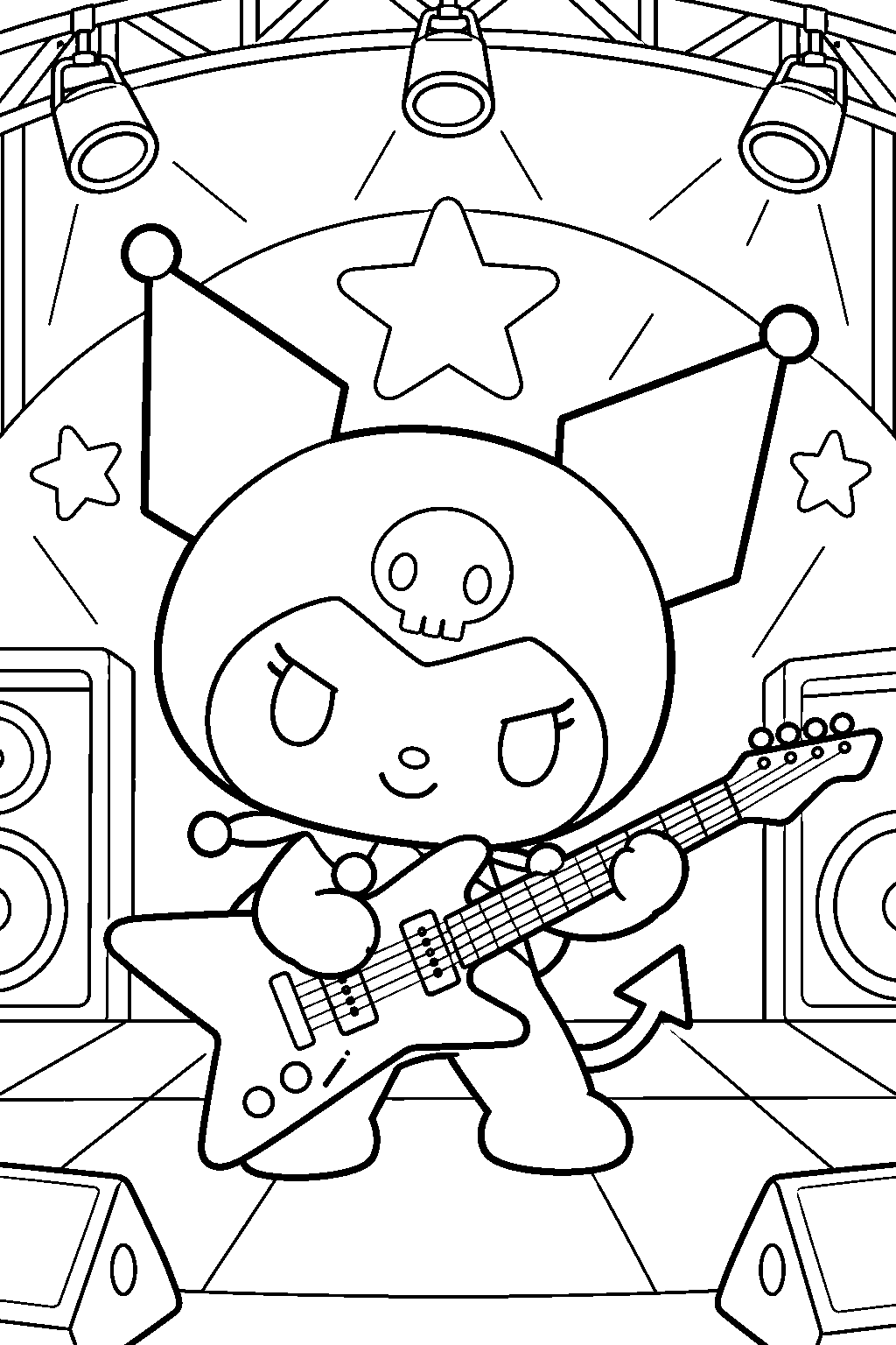 kuromi playing an electric guitar on a concert stage line art