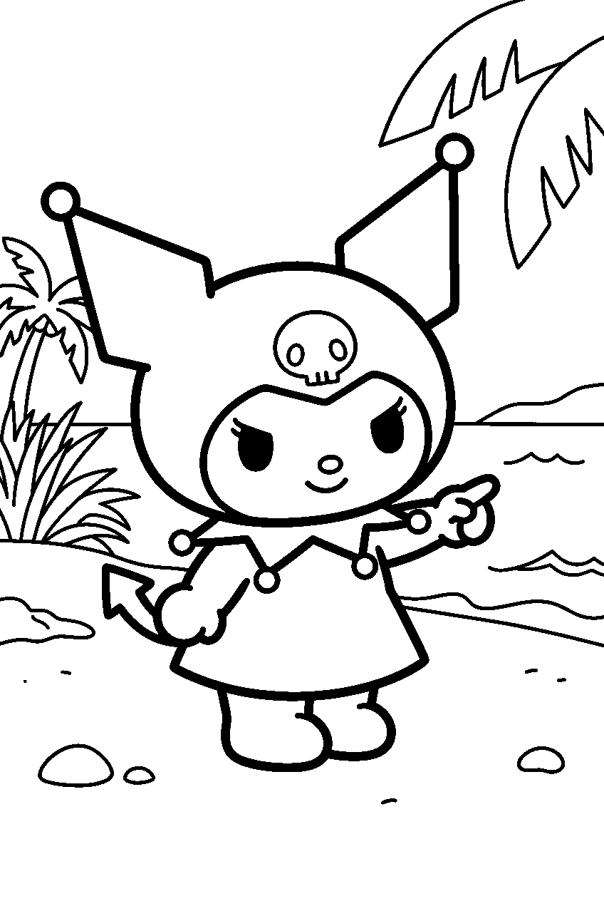 kuromi pointing on sandy beach line art