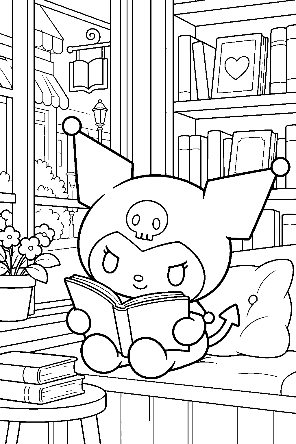 kuromi reading a romance novel beside a bookshop window line art