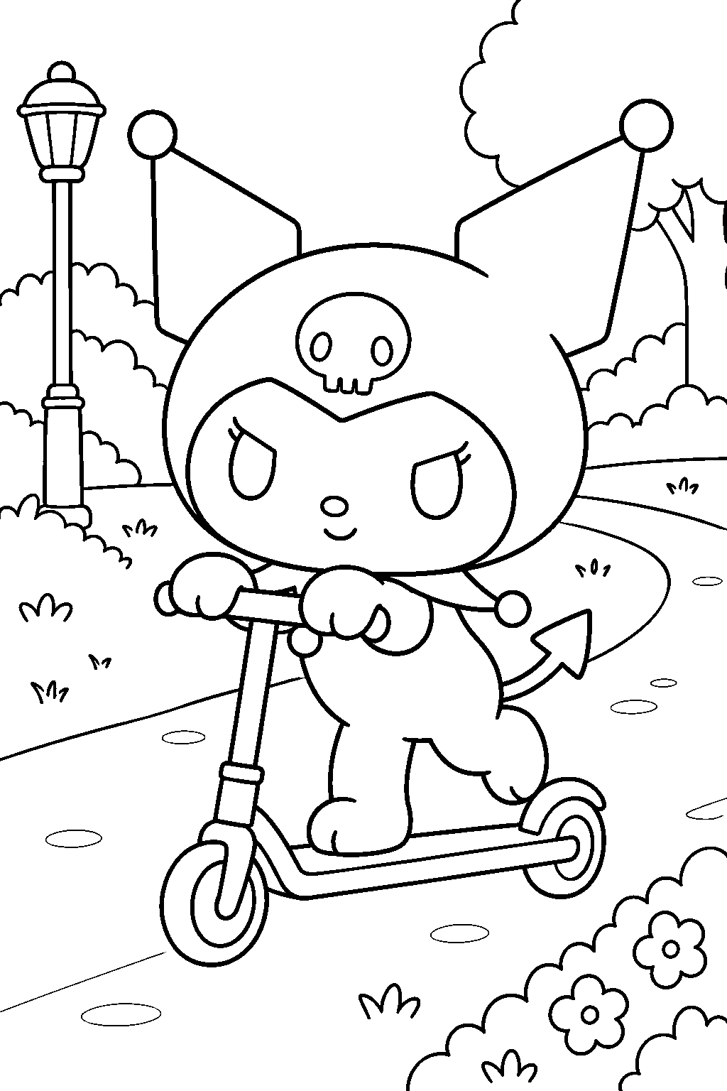 kuromi riding a scooter along a park path line art