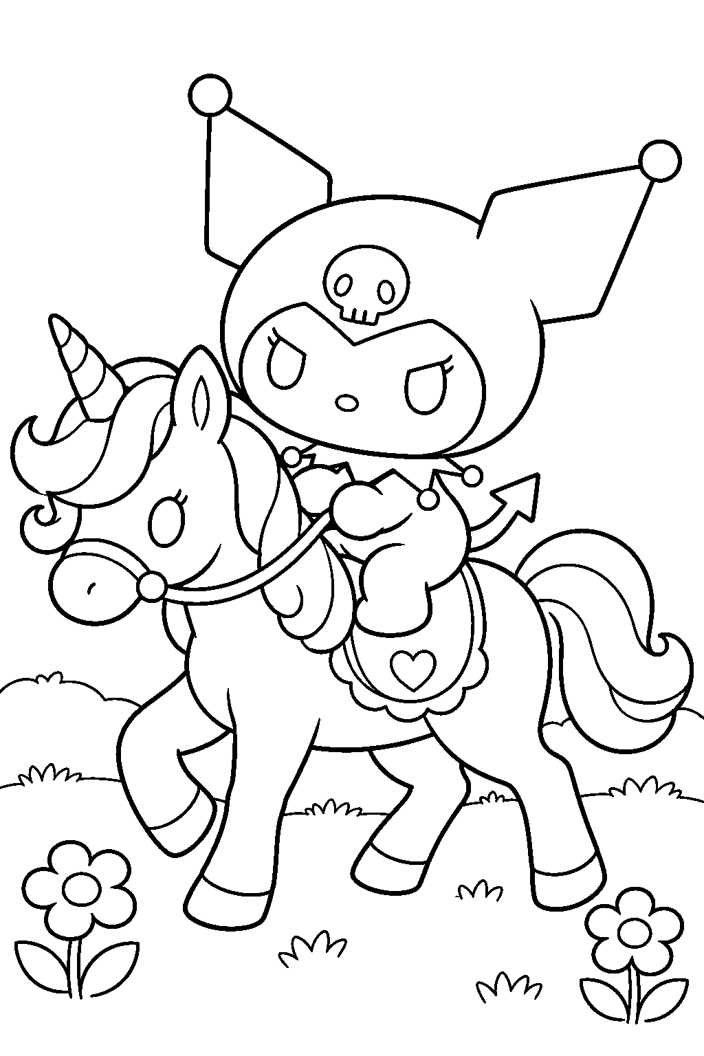 kuromi riding a unicorn through a flower meadow line art