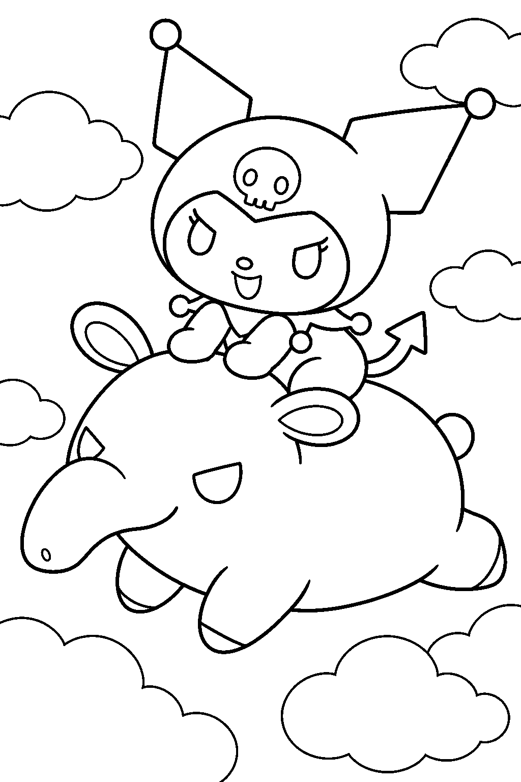 kuromi riding on baku through a cloud filled sky line art
