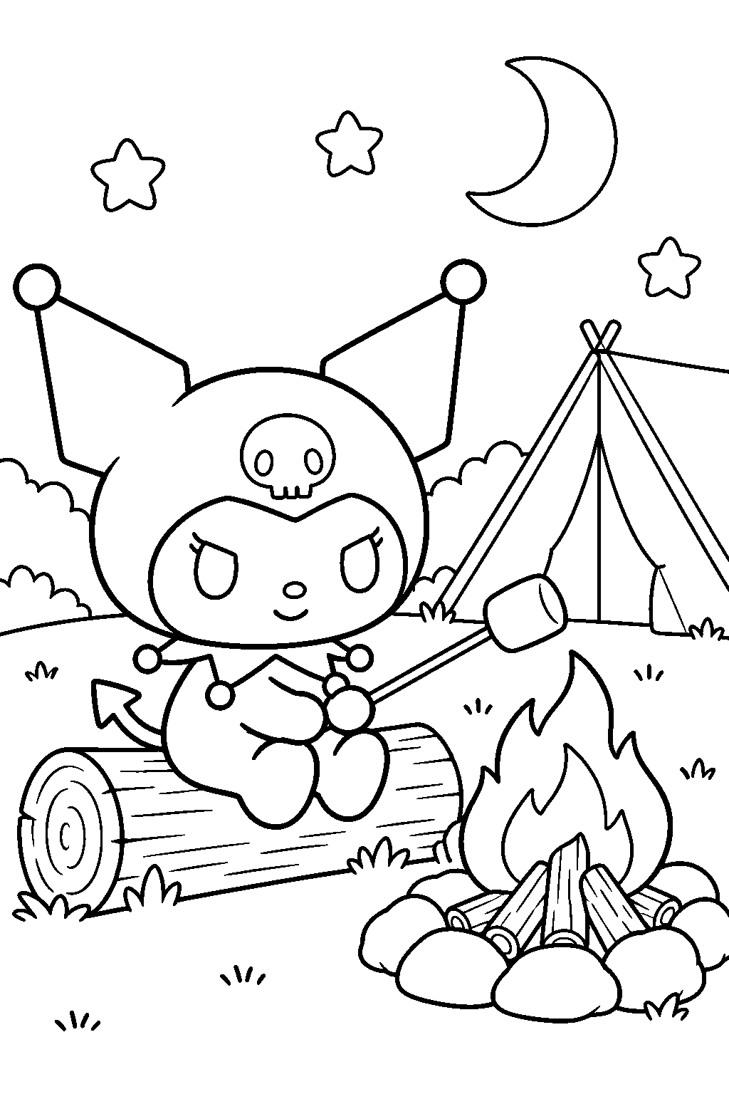 kuromi roasting a marshmallow beside a campfire and tent line art