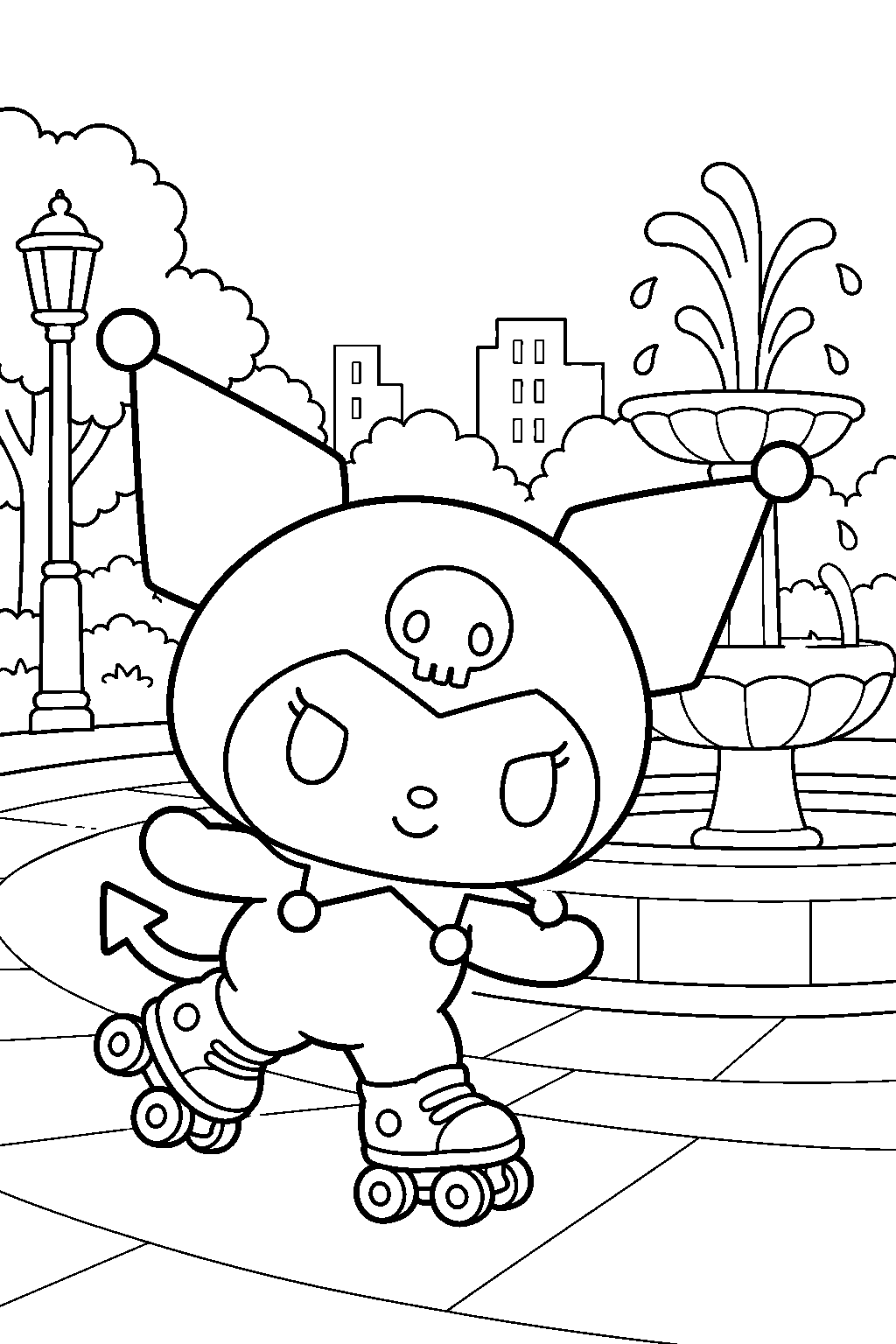 kuromi roller skating beside a city park fountain line art
