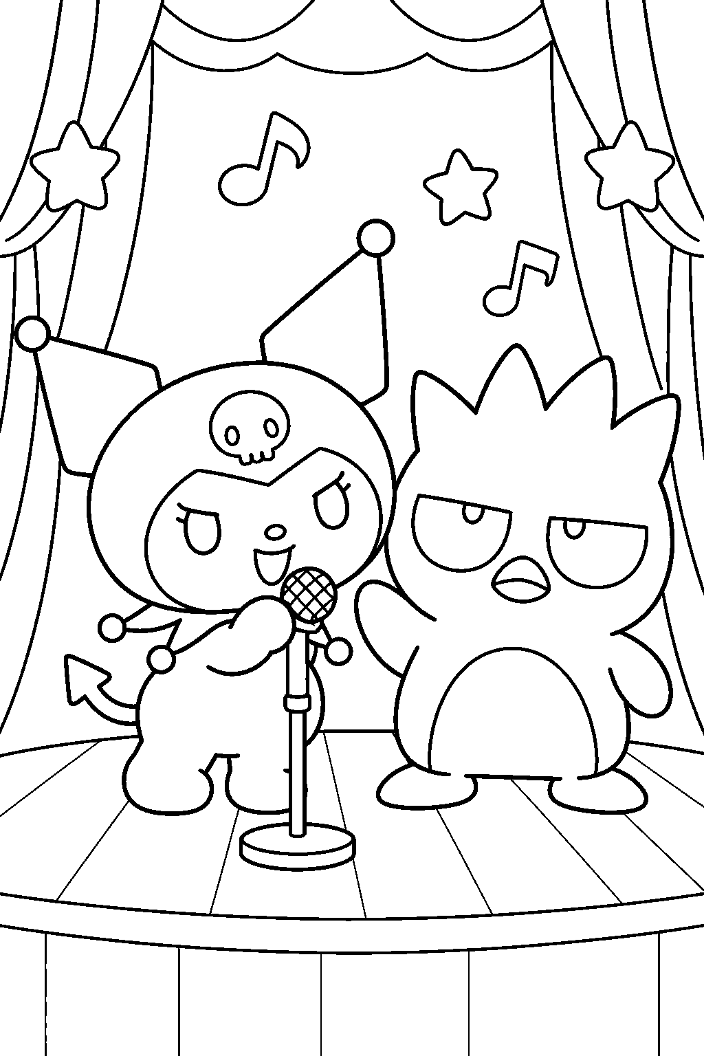 kuromi singing into a microphone beside badtz maru line art
